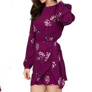 Yumi Kim Tie Me Over Burgundy Purple Floral Mini Wrap Dress
